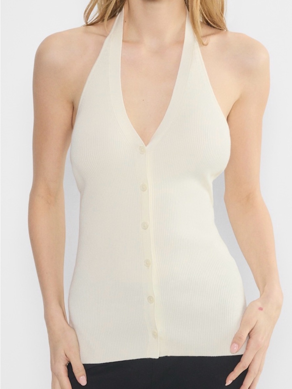 NWT Aritzia Light Birch Eleanor Ribbed Halter Button-Front Sweater Vest Tank